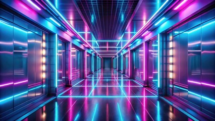 Wall Mural - futuristic corridor with vibrant neon lights and reflective floor