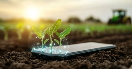 Poster - Innovative smart farming techniques are showcased as seedlings emerge from a smartphone resting on the soil. This captivating moment highlights the blend of technology and agriculture during sunset.