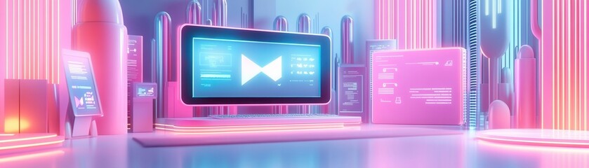 Poster - A futuristic digital workspace illuminated by neon lights, showcasing advanced technology and sleek designs.