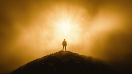 Poster - A solitary figure stands atop a rocky summit, silhouetted against a radiant golden light emerging from behind dense fog