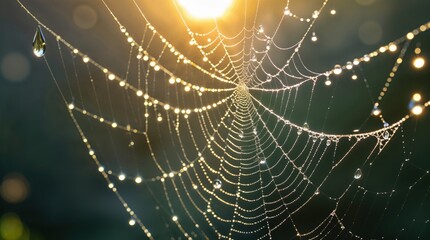Morning dew clings to a spiderweb, catching the golden light of the rising sun. Nature's intricate design is beautifully highlighted.