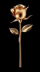 Golden rose stands elegantly with shiny petals and green leaves against a black background, showcasing exquisite craftsmanship and beauty