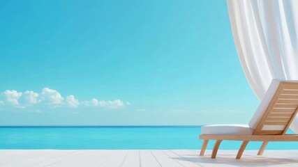 Poster - White curtain blowing in the wind next to a wooden beach lounger on a white wooden terrace facing a calm turquoise ocean under a blue sky with small white clouds, in slow motion