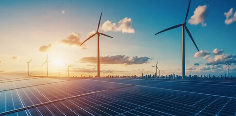 Poster - Solar panels reflect the warm glow of a sunset while wind turbines turn on the horizon. This blend of technologies showcases the harmony of sustainable energy sources in an urban landscape.