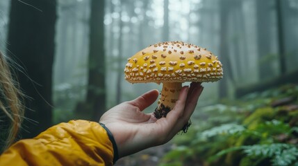 Poster - Delicate fingers cradle a striking yellow mushroom adorned with textured spikes, set against a serene, fog-drenched forest