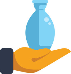 Poster - Cartoon style vector illustration of a businessman holding a transparent glass bottle with a narrow neck, concept of business idea