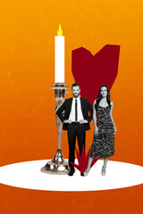 Poster - Exclusive image vertical photo collage of two happy girl guy dandy lady heart valentine celebration holiday candlestick fire