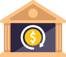 Poster - Flat vector icon of a bank facade with a rotating dollar illustrating the concept of money circulation