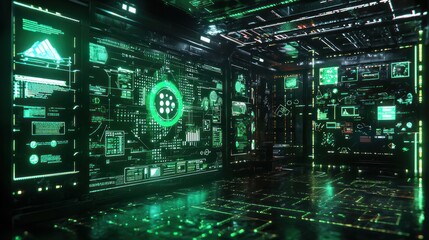 Poster - Futuristic Green Interface Room:  A Digital Cyberpunk Tech Space