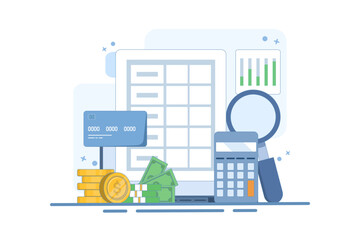 Business accounting software concept, Financial analysis, Business data integration, Tax calculation, Increasing tax payments. Vector illustration with background icon.