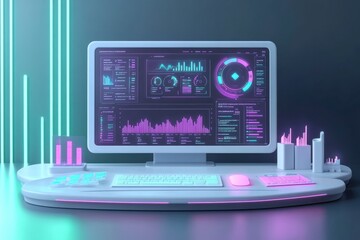 Poster - a futuristic computer setup featuring a vibrant display with data visualizations and glowing accents