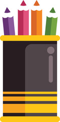 Wall Mural - Colorful pencils standing in a yellow and black pencil holder, school and office supplies, art and creativity concept