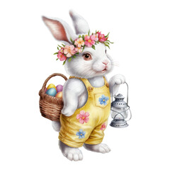 Wall Mural - Cute Bunny with Flower Crown and Basket of Colorful Eggs