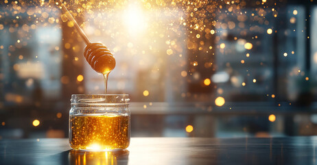 Aufkleber - Golden honey gracefully pours from a wooden dipper into a jar, surrounded by soft, warm light. The scene captures the essence of natural sweetness and organic beekeeping practices.