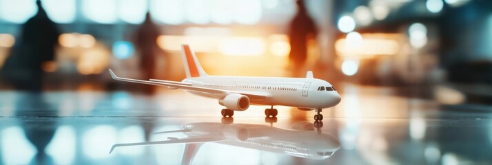 Poster - White miniature airplane model resting on a shiny surface reflects bright lights of a busy airport terminal, creating a vibrant travel atmosphere with blurred silhouettes of people