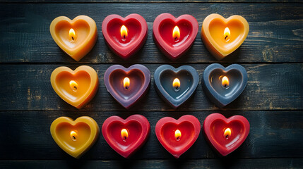 Wall Mural - Creative flat lay of heart-shaped candles arranged in a symmetrical pattern on a dark wooden surface