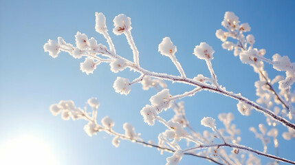 Wall Mural - Delicate frost-covered branches against a clear blue sky with sunlight highlighting the icy details