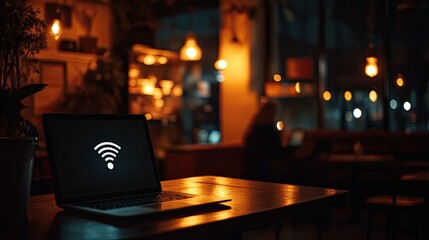 Poster - Dimly lit coffee shop scene with a laptop showing a strong WiFi signal icon