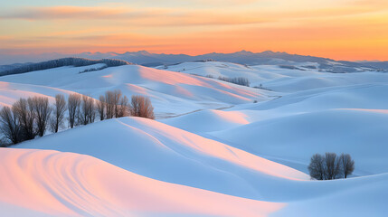 Wall Mural - Golden hour view of snow-covered rolling hills with soft pink and orange tones illuminating the landscape