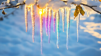 Wall Mural - Icicles hanging from a snowy branch with sunlight shining through, creating a prism effect with rainbow hues