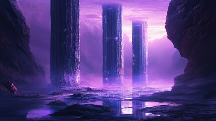 Fototapete - Futuristic glowing pillars with moisture droplets reflecting a neon purple landscape