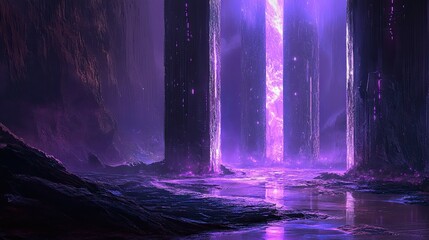 Fototapete - Futuristic glowing pillars with moisture droplets reflecting a neon purple landscape