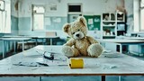 Abandoned Classroom with Plush Toy Bear on a Dusty Table Surface