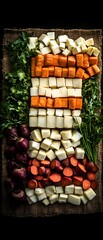 Poster - Chopped root vegetables on board, herbs, dark background