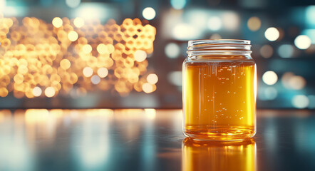 Aufkleber - A glass jar filled with golden organic honey sits on a wooden table.