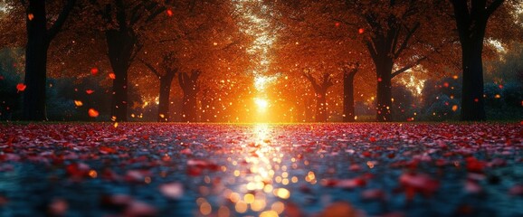 Wall Mural - Autumnal Path: Red And Orange Leaves Lit By Sunset