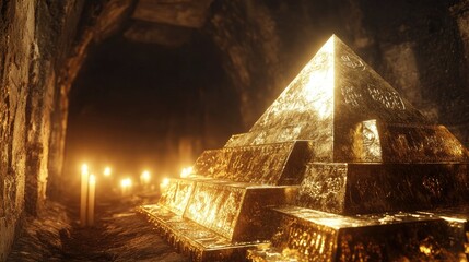Poster - Golden ingots form a pyramid in a mysterious, candle-lit underground treasure room