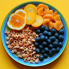 Canvas Print - Colorful fruit, cereal, plate, yellow background, healthy breakfast