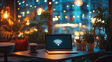 Poster - Open laptop in a stylish cafe, WiFi signal illuminated on the display, city lights in view