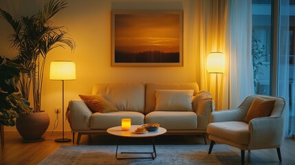 Aufkleber - Soft golden lights illuminate a welcoming living room, where a plush sofa invites relaxation. A flickering candle adds warmth, enhancing the tranquil atmosphere