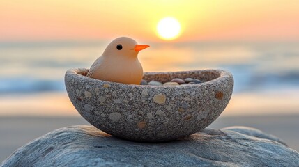 Poster - Bird in stone nest at sunrise on beach