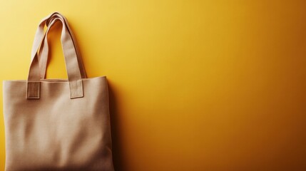 Poster - Beige bag hanging on a bright yellow wall in a contemporary setting