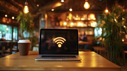 Poster - Warm cafe ambiance with a laptop open on the table, WiFi symbol glowing on screen