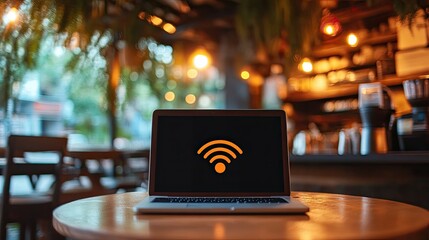 Poster - Warm cafe ambiance with a laptop open on the table, WiFi symbol glowing on screen