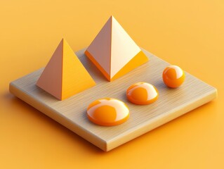 Fototapete - abstract 3d rendering of geometric shapes, including pyramids and spheres, in vibrant orange and bei
