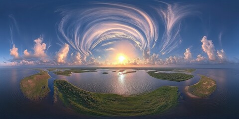 Aerial view of islands at sunset, surrounded by calm water and a swirling, colorful sky. Warm golden light reflects on the water