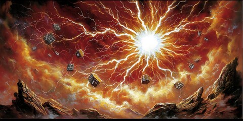 Poster - Fiery sky, energy burst, cubes falling, rocky landscape; game art