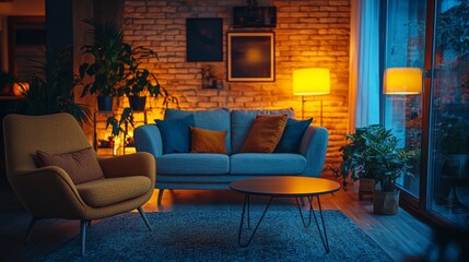 Poster - Soft golden light fills a contemporary living room, highlighting a textured wall and elegant furnishings. A plush sofa and armchair create a welcoming retreat for relaxation
