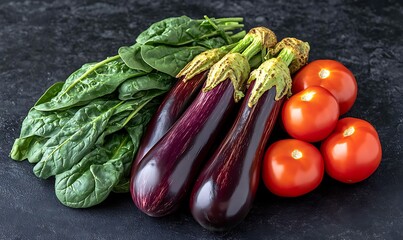 Canvas Print - Fresh Eggplant, Spinach, Tomatoes on Dark Surface