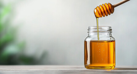 Poster - Golden honey flows from a wooden dipper into a glass jar resting on a rustic kitchen table. The natural light enhances the honey's rich color, showcasing its organic quality and purity.