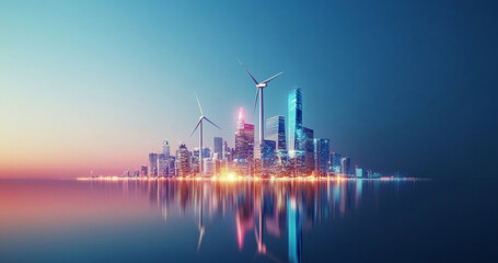 Aufkleber - A vibrant city skyline at dusk showcases skyscrapers illuminated by artificial light. Wind turbines spin on rooftops, symbolizing renewable energy.