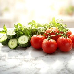 Canvas Print - Fresh Tomatoes, Cucumbers, Basil on Marble