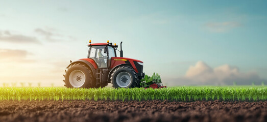Poster - A modern tractor plows through vibrant green fields under a clear blue sky. The vehicle enhances farming efficiency while the sun casts a warm light on the growing crops around it.