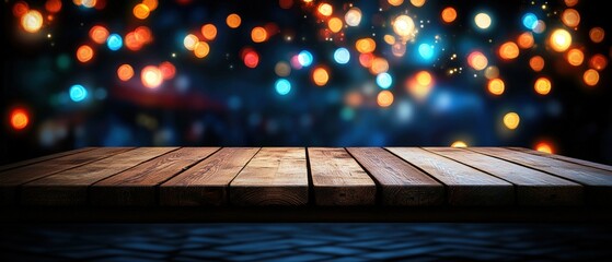 Poster - Wooden table in foreground with blurred lights creating a soft bokeh background ambiance