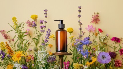 Poster - Capturing the essence of nature, a dark amber bottle stands elegantly against a soft yellow backdrop surrounded by a colorful array of wildflowers in full bloom