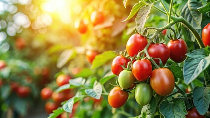 Wall Mural - Mature tomato plant with green leaves and red fruit in a sunny outdoor setting, botanical photography, sun-drenched plant, tomato plant, garden feature, vegetable garden design